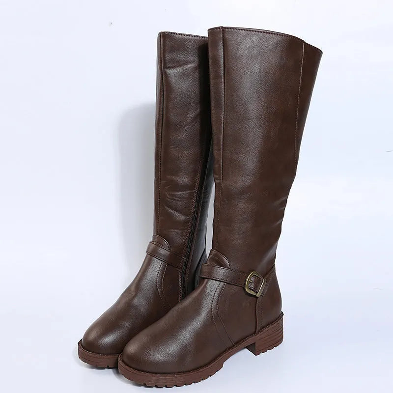 Women's black knight boots with square heel and buckle detail on artificial PU upper