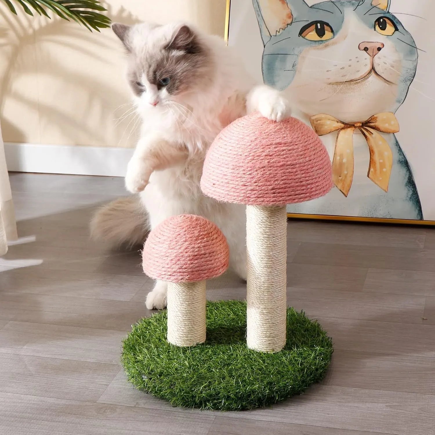 Pink mushroom cat scratching post with natural sisal caps and pole for small cats