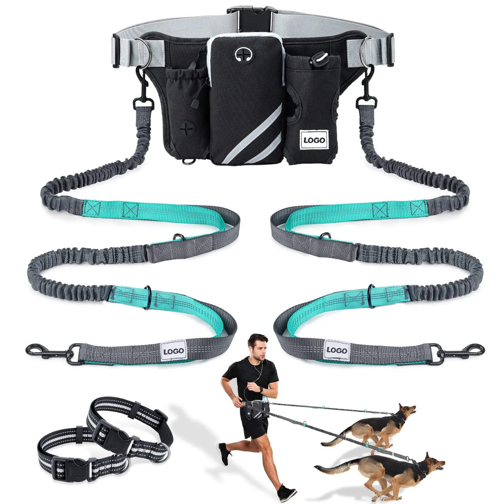 Black nylon dog walking waist bag set with leash and collar for outdoor pet training