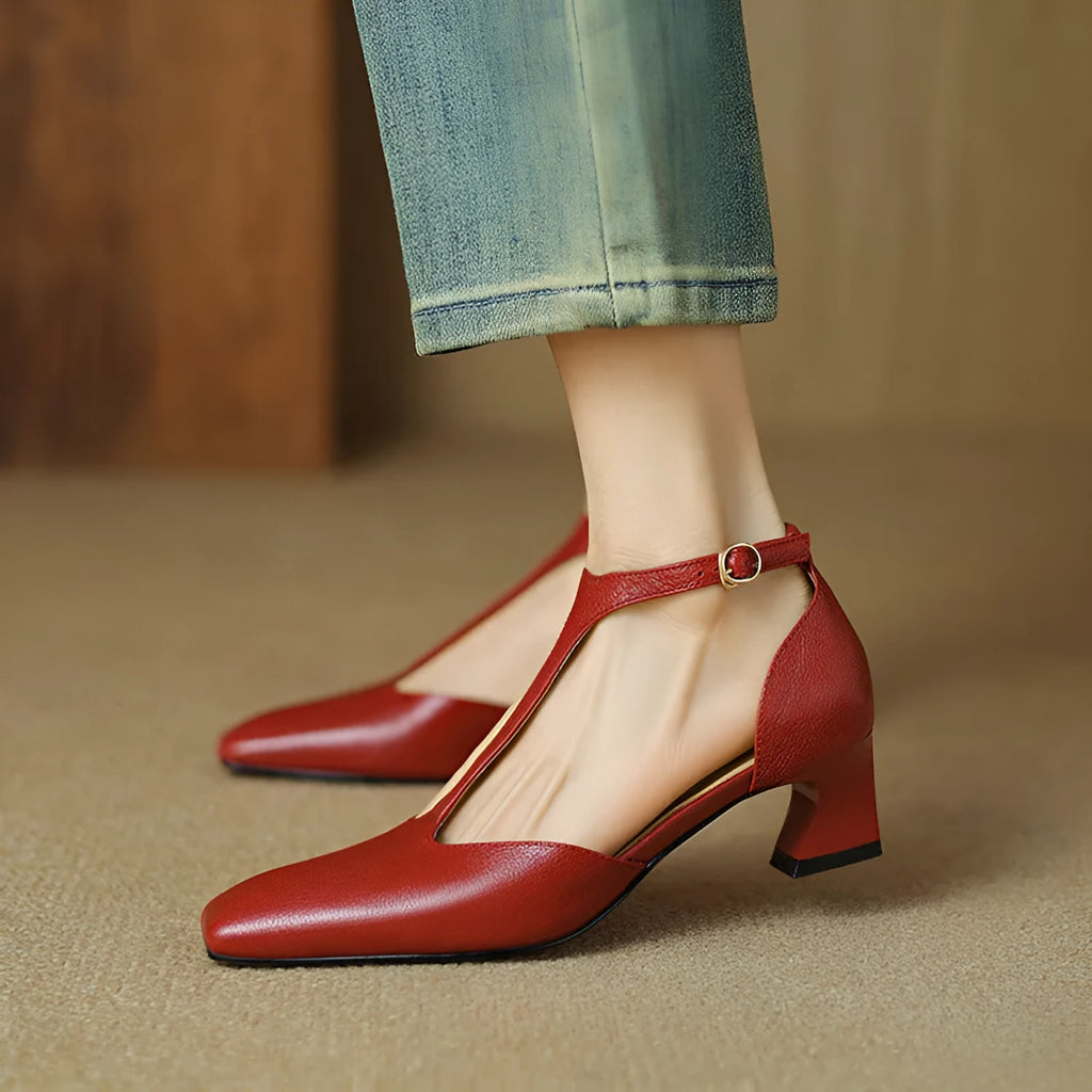 Women's wine red square toe chunky heel shoes with a buckle strap, made from sheepskin leather.