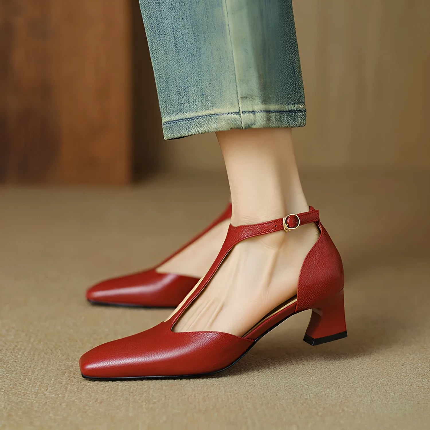 Women's wine red square toe chunky heel shoes with a buckle strap, made from sheepskin leather.