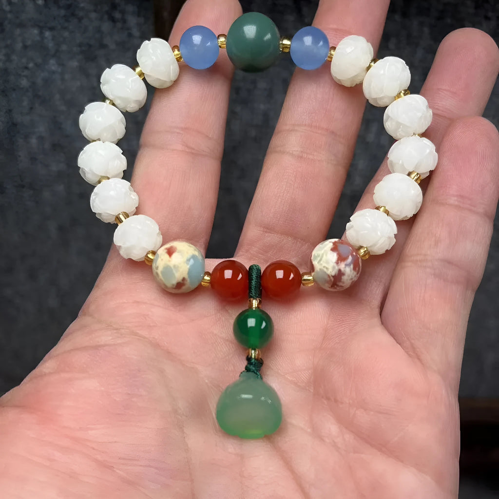 Carved bodhi root pumpkin lotus bracelet with white jade beads and mixed sizing