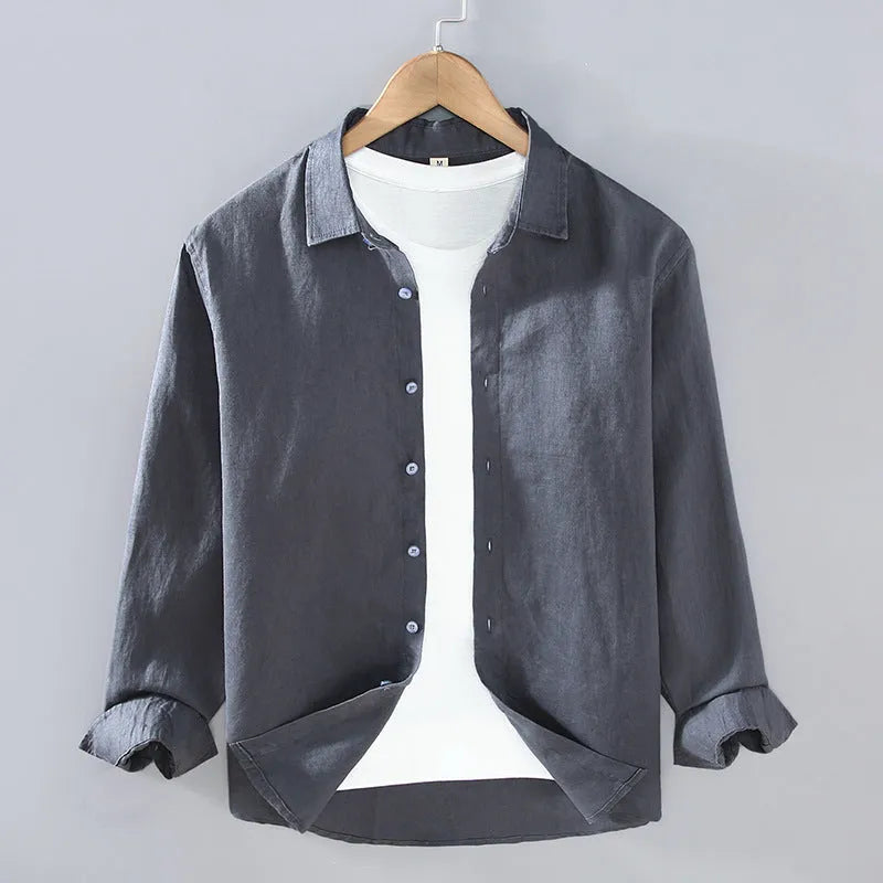 Men's pure linen cardigan-style shirt in solid colours showing long sleeves and simple design