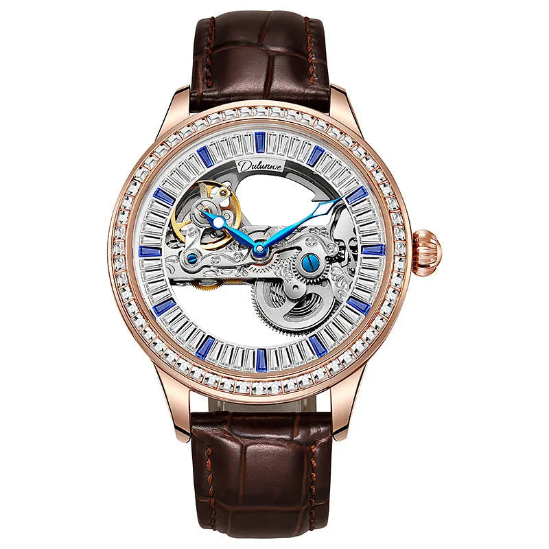 Men's waterproof mechanical business watch with transparent case back and choice of straps