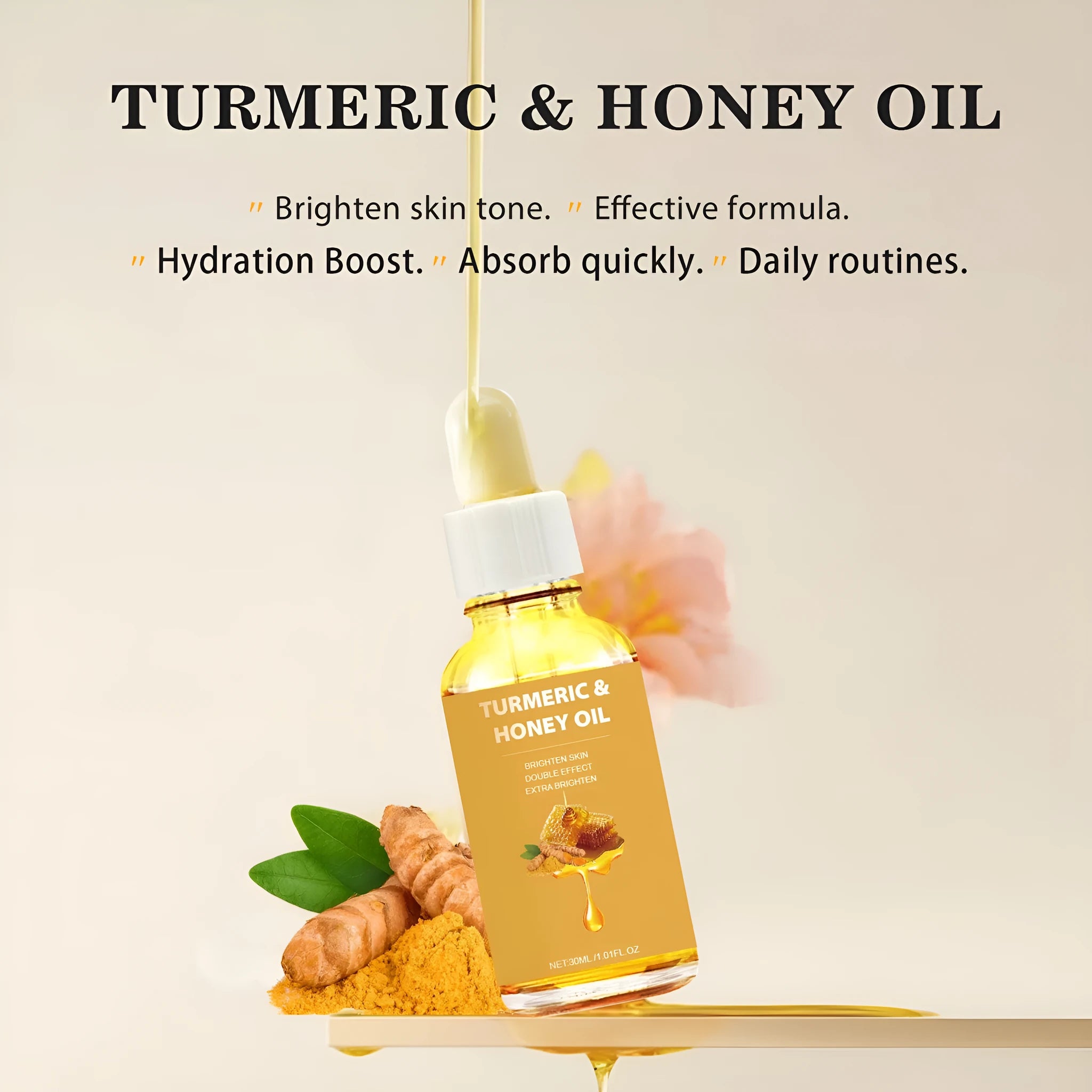 30ml bottle of turmeric honey essential oil with neutral packaging and FP-A028 specification