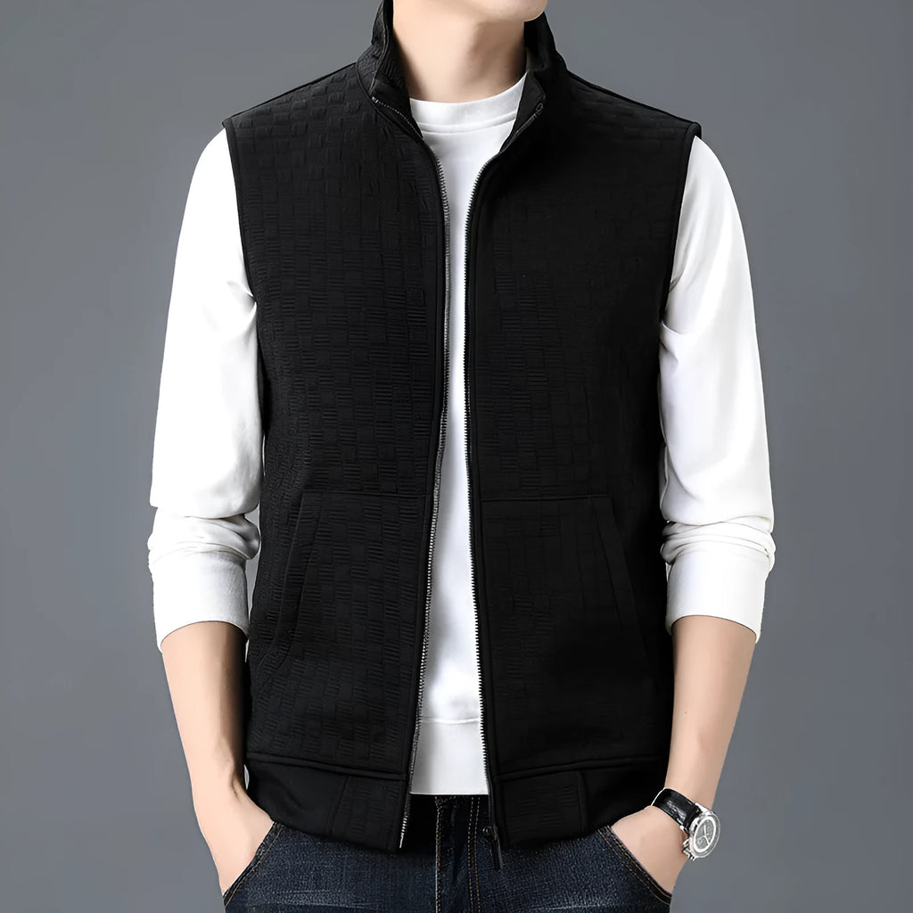 Men's grey sleeveless waistcoat vest, cardigan style, on a hanger.