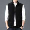 Men's grey sleeveless waistcoat vest, cardigan style, on a hanger.