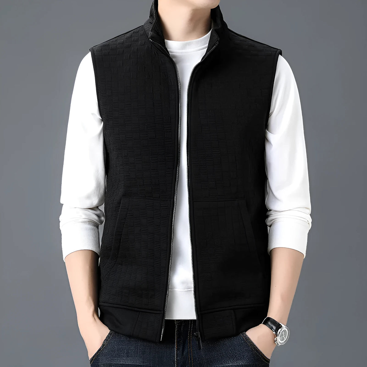 Men's grey sleeveless waistcoat vest, cardigan style, on a hanger.