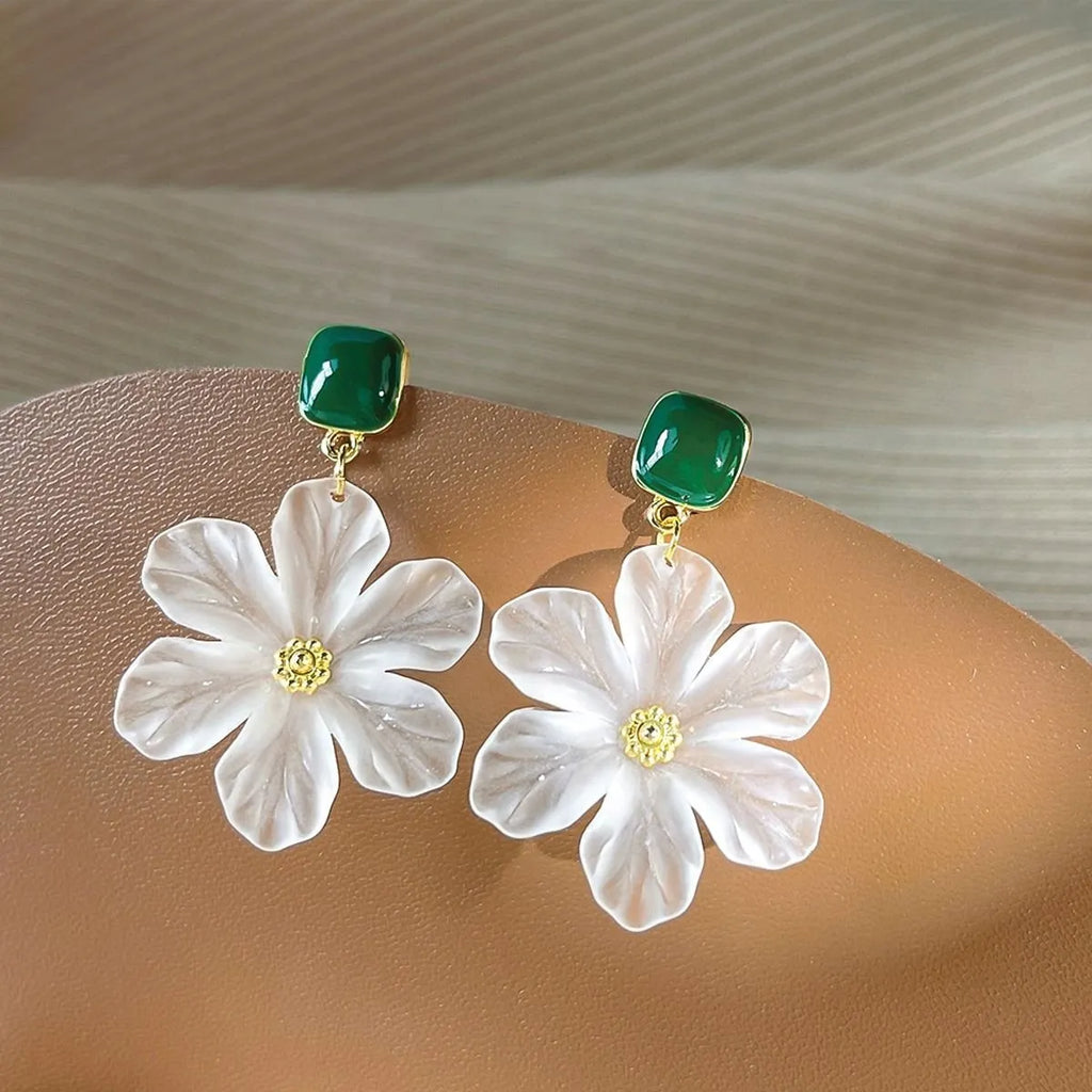 Dark green alloy earrings with needle flower design for women