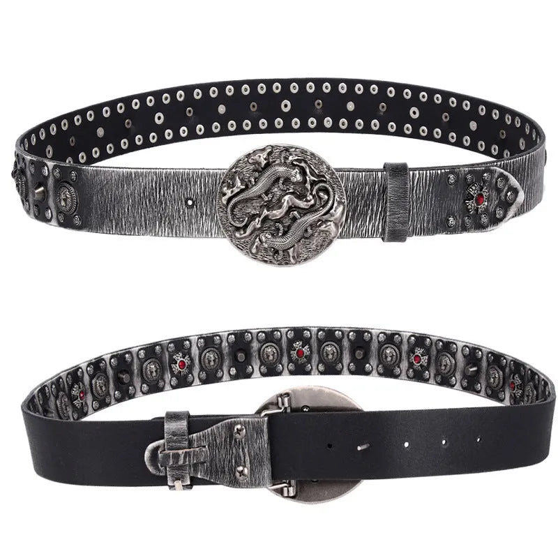 Men's black genuine leather belt with punk rivet details and a silver alloy buckle.