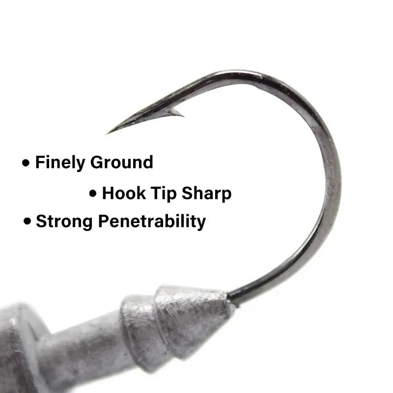 Three yayu shaped lead fishing jig hooks in different weights and colours on a blue background.