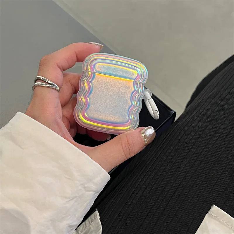 Silicone AirPods case with colourful laser engraving and ring detailing showing compatibility with multiple models