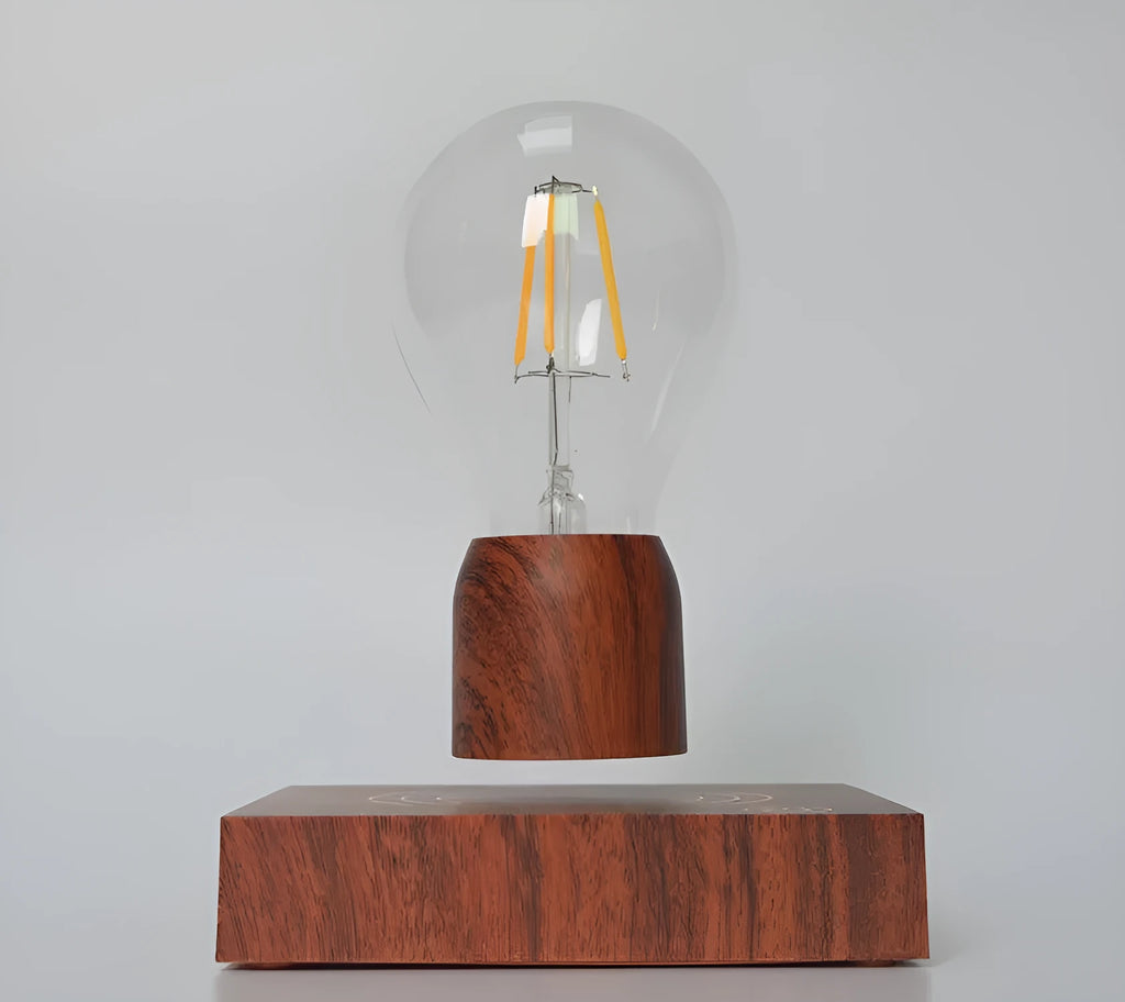 Magnetic levitation floating bulb on imitation wood base with glass enclosure and ABS construction