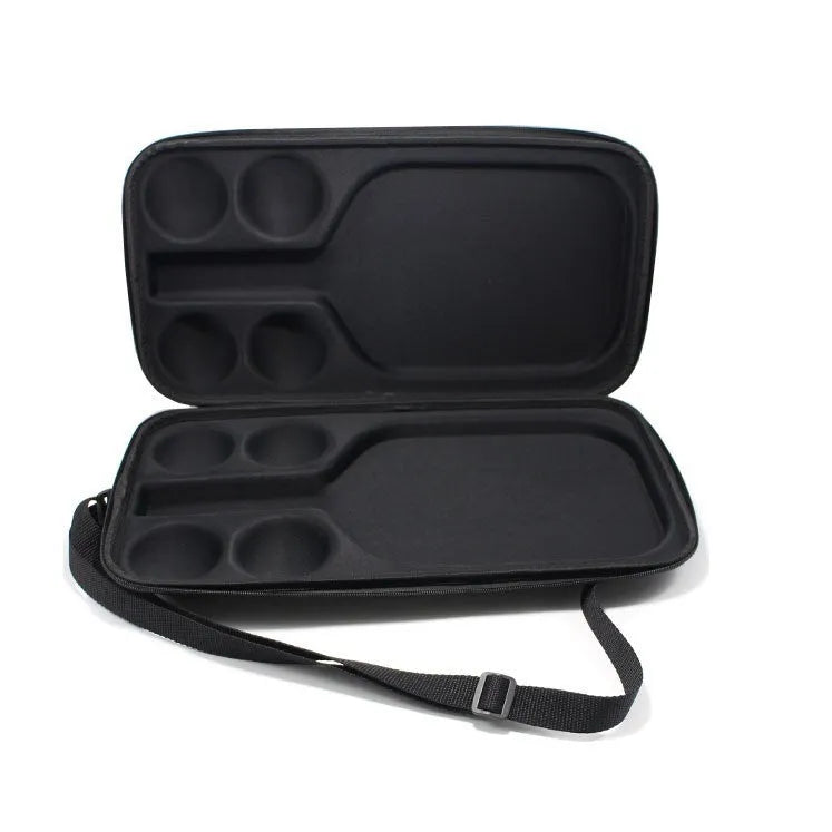 Black EVA pickleball racket storage box with double shoulder straps, shown holding a paddle and balls.