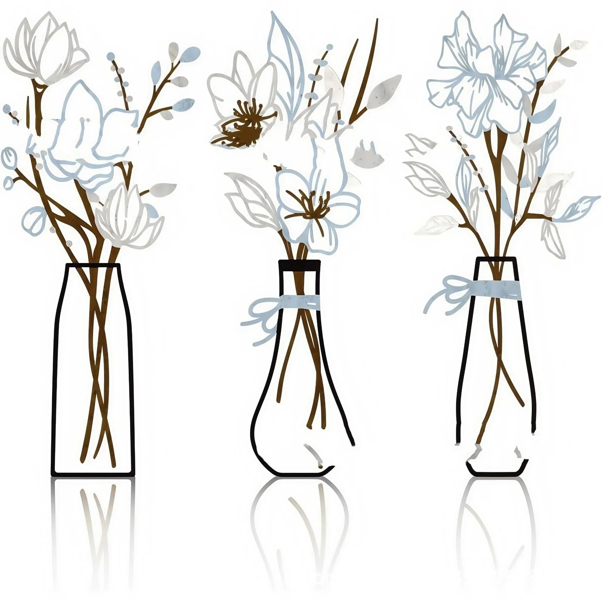 Three metal flower wall art pieces in farmhouse country style with vase designs