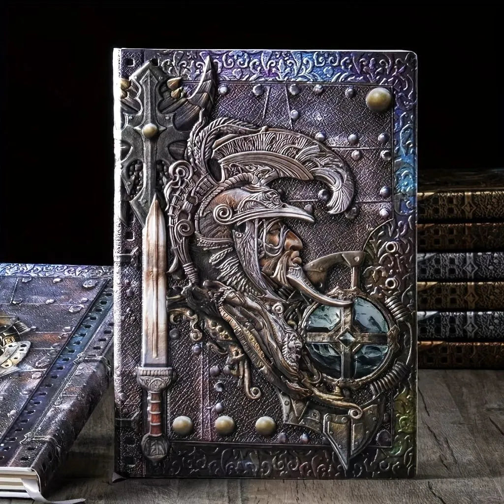 A5 leather notebook with 3D warriors relief embossed design in bronze colour option