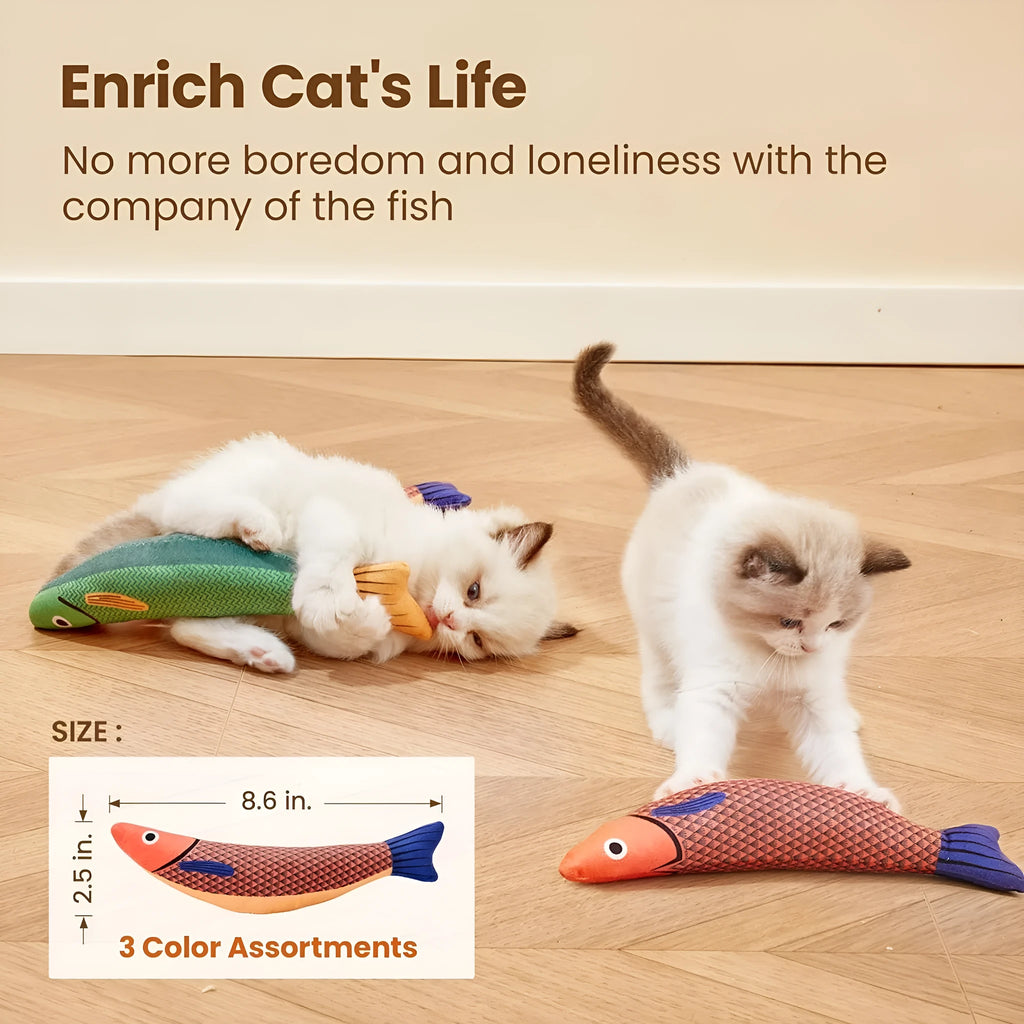 Green plush saury fish cat toy with organic catnip filling and crinkle sounds for indoor play