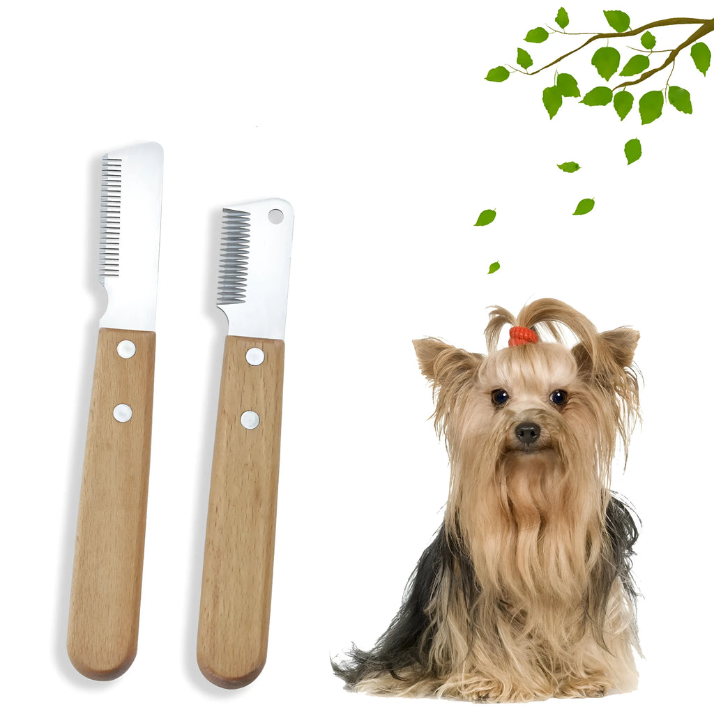Pet stripping comb with wood handle and metal blade for dog and cat grooming.