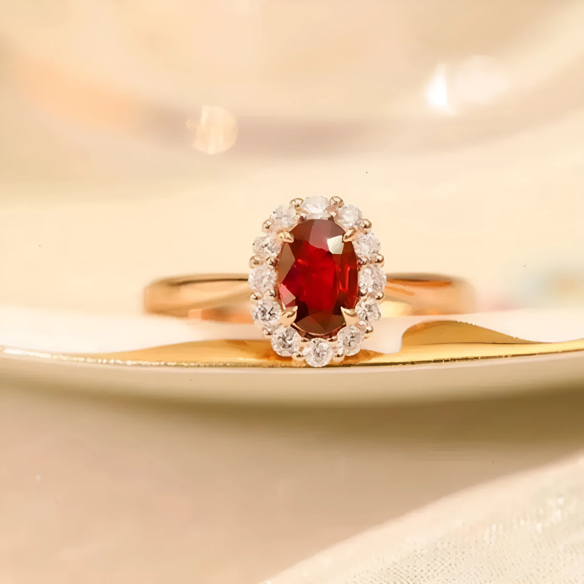 Women's silver ring with gold pigeon design and red artificial gemstone centre.