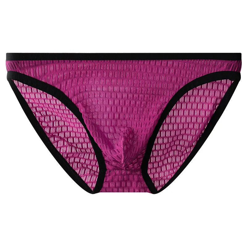 Men's low waist transparent lace underwear in black, shown flat