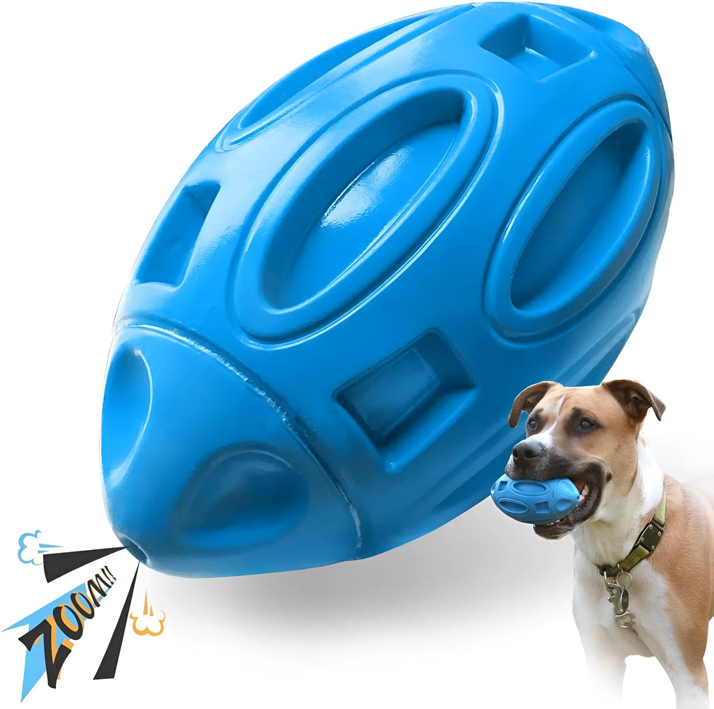 Blue natural rubber squeaky dog toy with textured surface for medium and large breeds