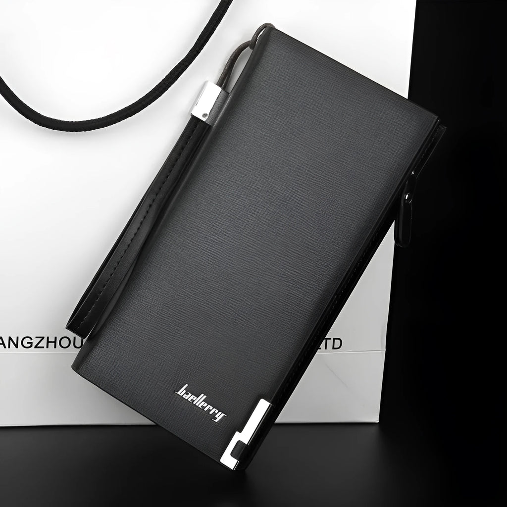 Men's black PU leather wallet with a long silver zipper closed across the top.