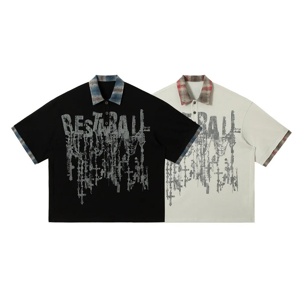 Men's loose blue short-sleeved cotton top with an asymmetric graffiti print design.