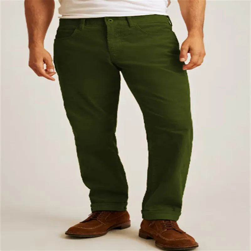 Corduroy straight-leg casual trousers in green colour with mid waist design and zip fly