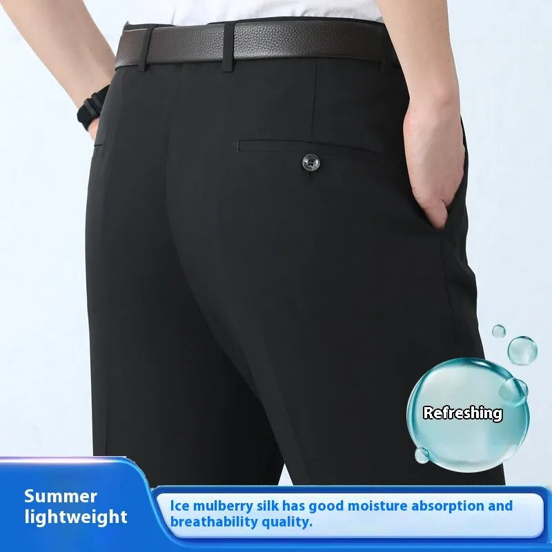 Men's straight-leg business trousers with high waist in mulberry silk fabric available in dark blue, black, and khaki colours