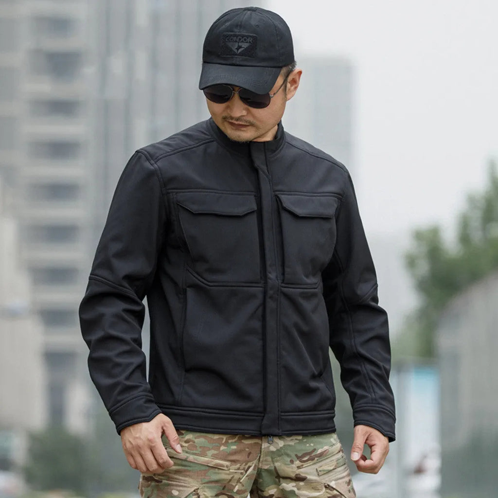 CP camouflage soft shell tactical jacket for mountaineering and camping on a mannequin