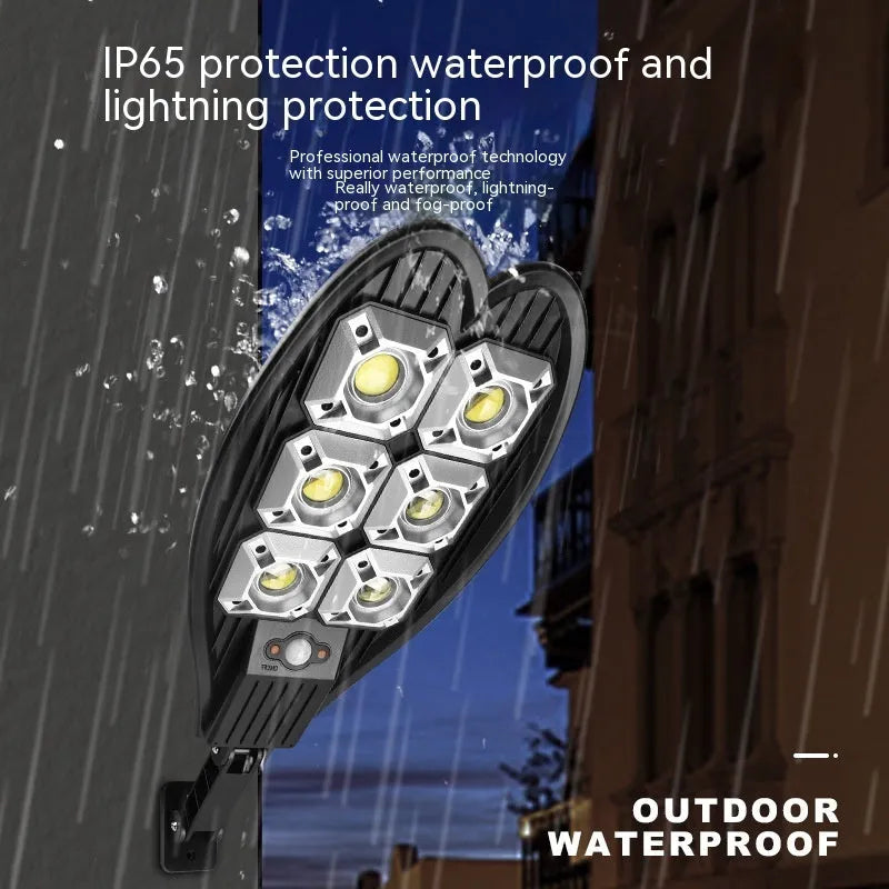 White six-eyed solar-powered outdoor garden lamp with remote control on a stand.