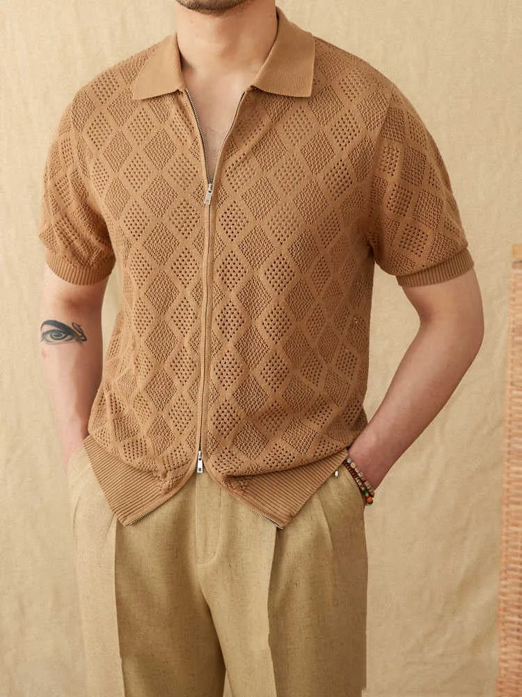 Light brown cotton cardigan with front zipper and lapel collar showing short sleeve design