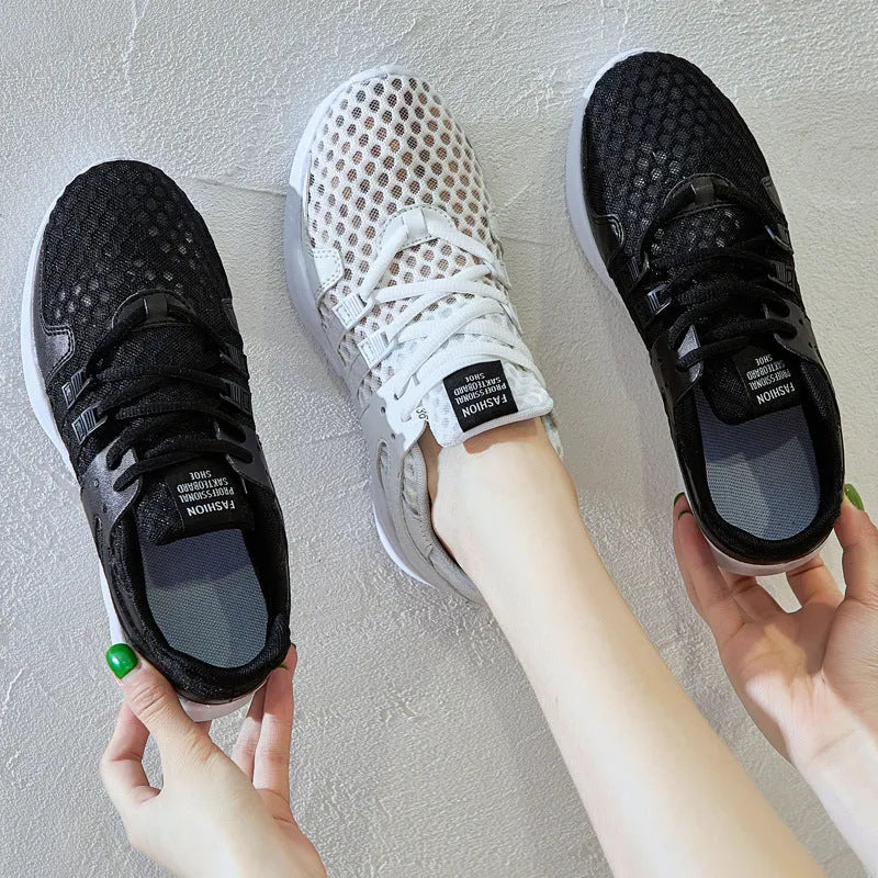 Breathable mesh sneakers with hollow-out design and EVA sole in black and white colour options