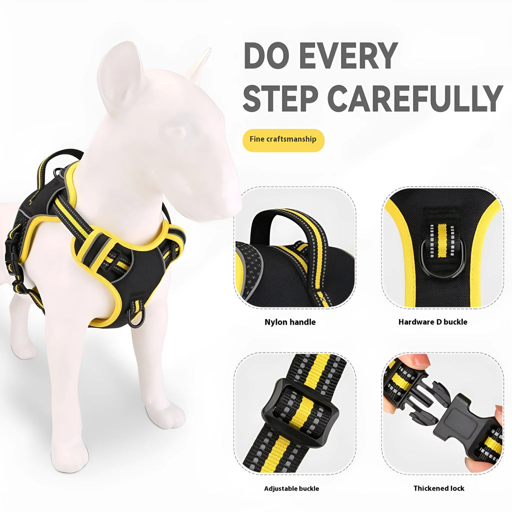 Polyester dog harness traction strap in yellow or orange available in S, M, L sizes for outdoor training