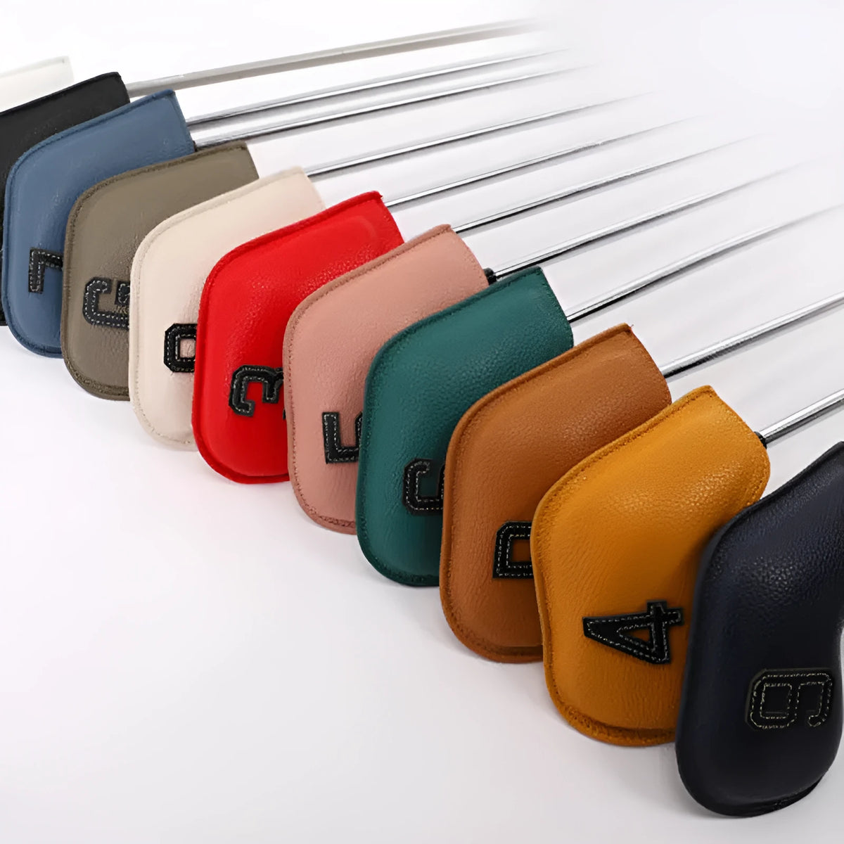 Set of 10 colourful digital printed PU golf club headcovers including ball head cover