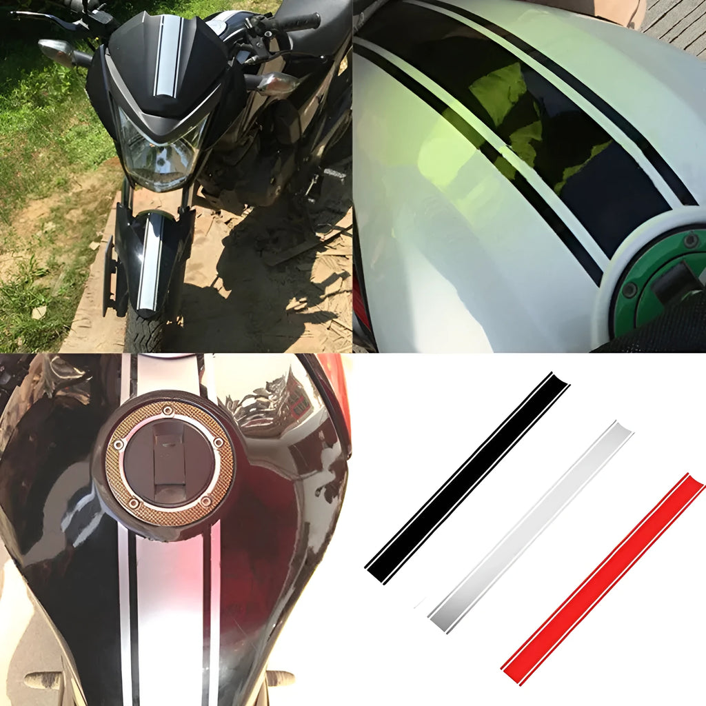Long black and silver pinstripe motorcycle sticker for gas tank lid application.