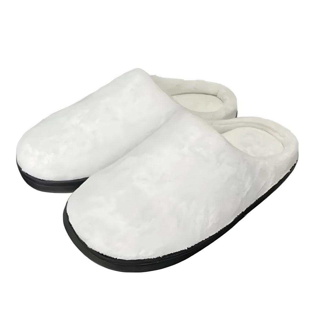 Pair of printed cotton slippers with flannel lining and TPR rubber sole, shown in multiple sizes.