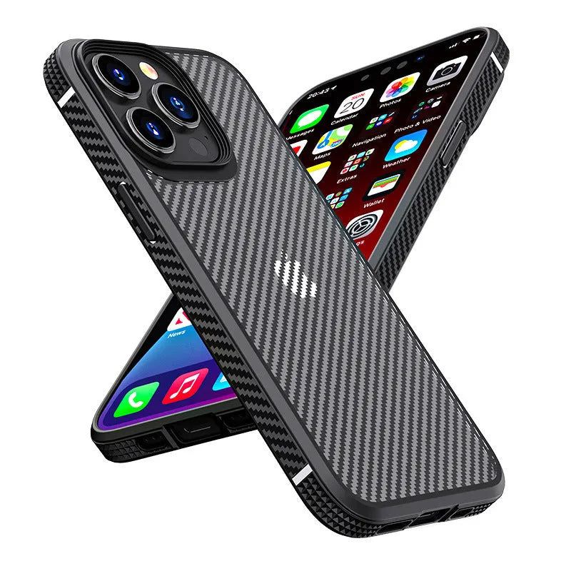 Black and Blue anti-fall protective phone case for Apple iPhone 13 models with carbon fibre pattern.