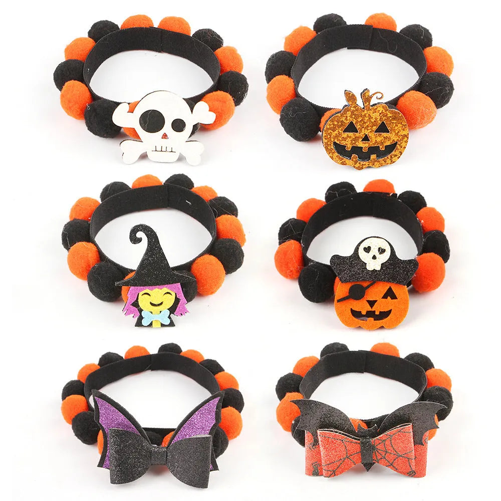 Halloween pet fur ball collar with pumpkin design in adjustable sizes for dogs and cats