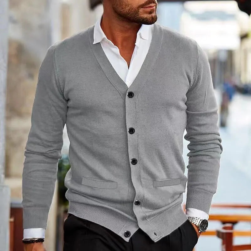 Men's slim-fit acrylic cardigan sweater coat in a choice of six colours.