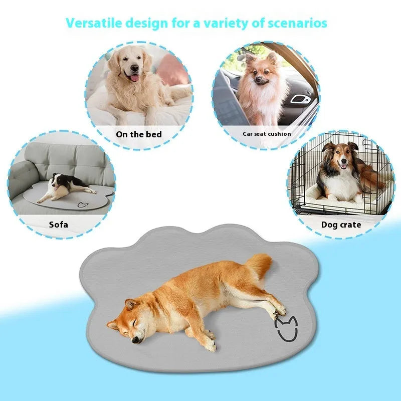 Ice Silk dog cooling mat in dark grey with profiled dog head shape, shown on a wooden floor