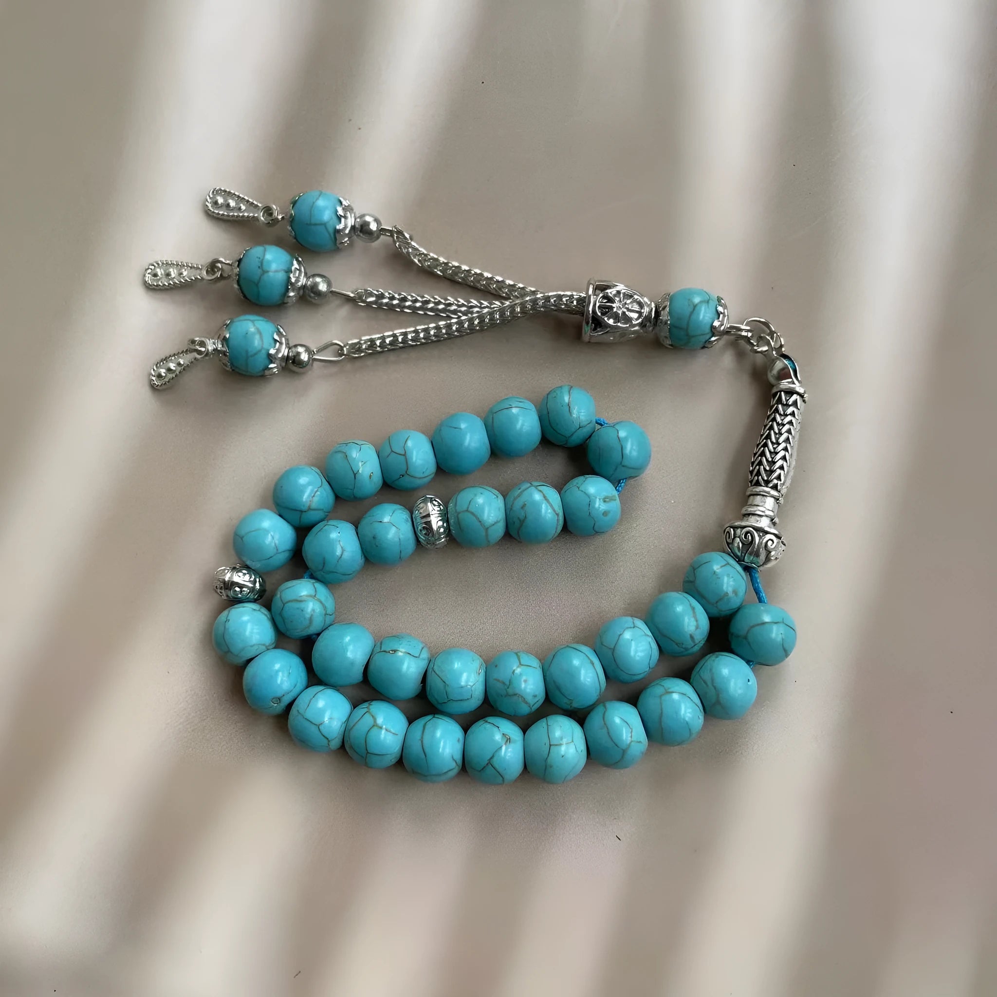 Handmade Muslim worship bracelet with sky blue 8mm stone beads for daily prayer counting