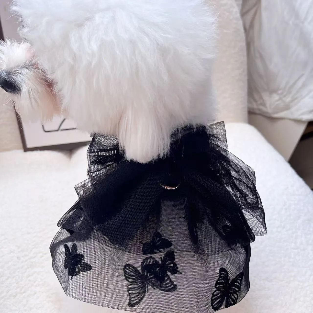 Black gauze princess tulle skirt for a small dog or cat on a mannequin, showing the layered design.