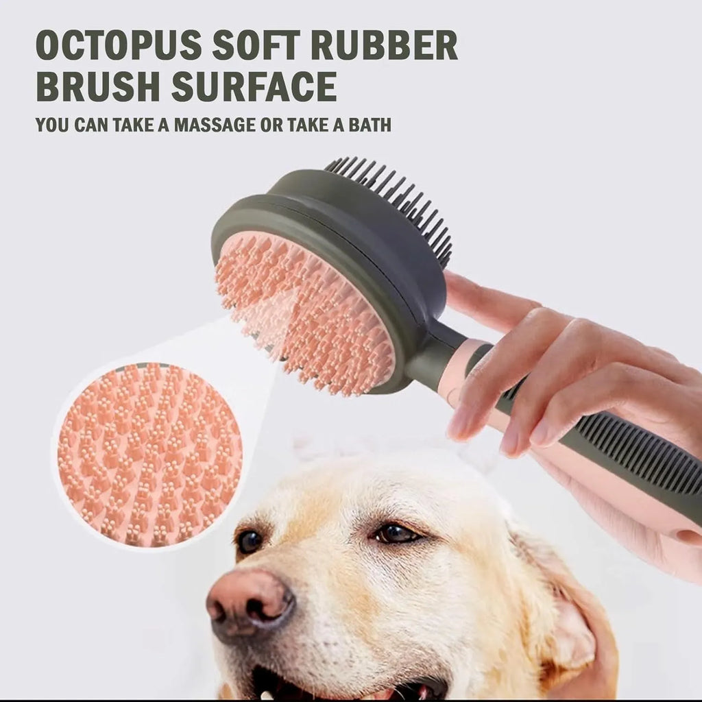 Double sided pink cat grooming brush with release button showing brush and flea comb sides