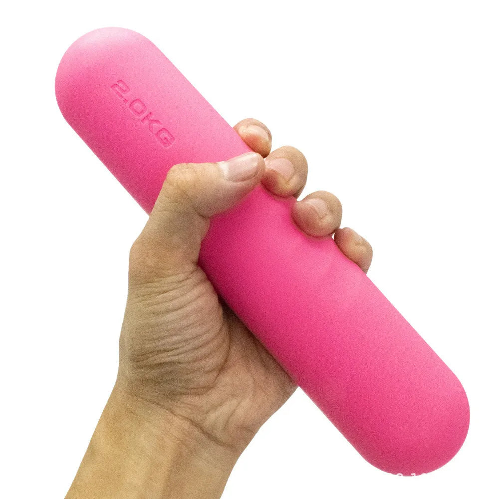 Silicone-edged hand-drawn dumbbell stick in various colours and weights for fitness training.