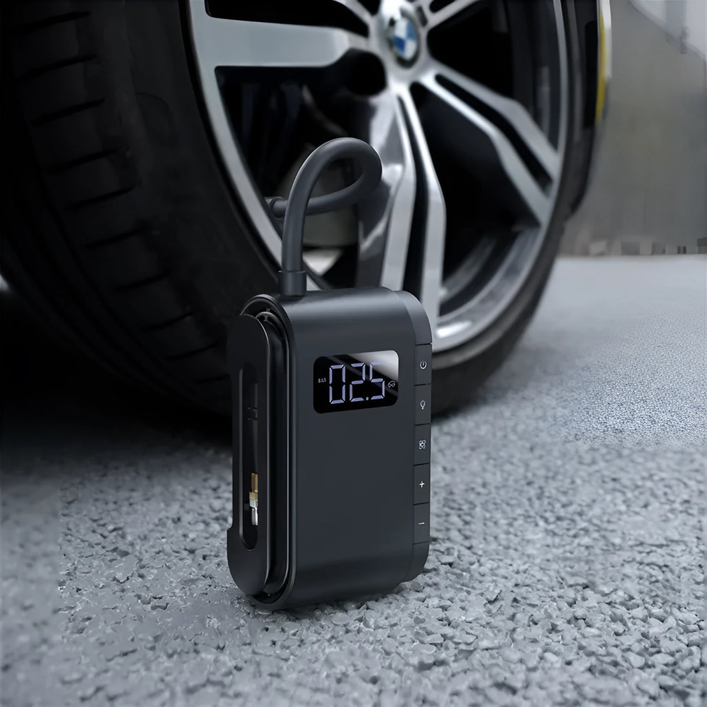 Black cordless car tyre inflator 45W with LED digital display and 5-150PSI pressure gauge, 130x80.21x46mm