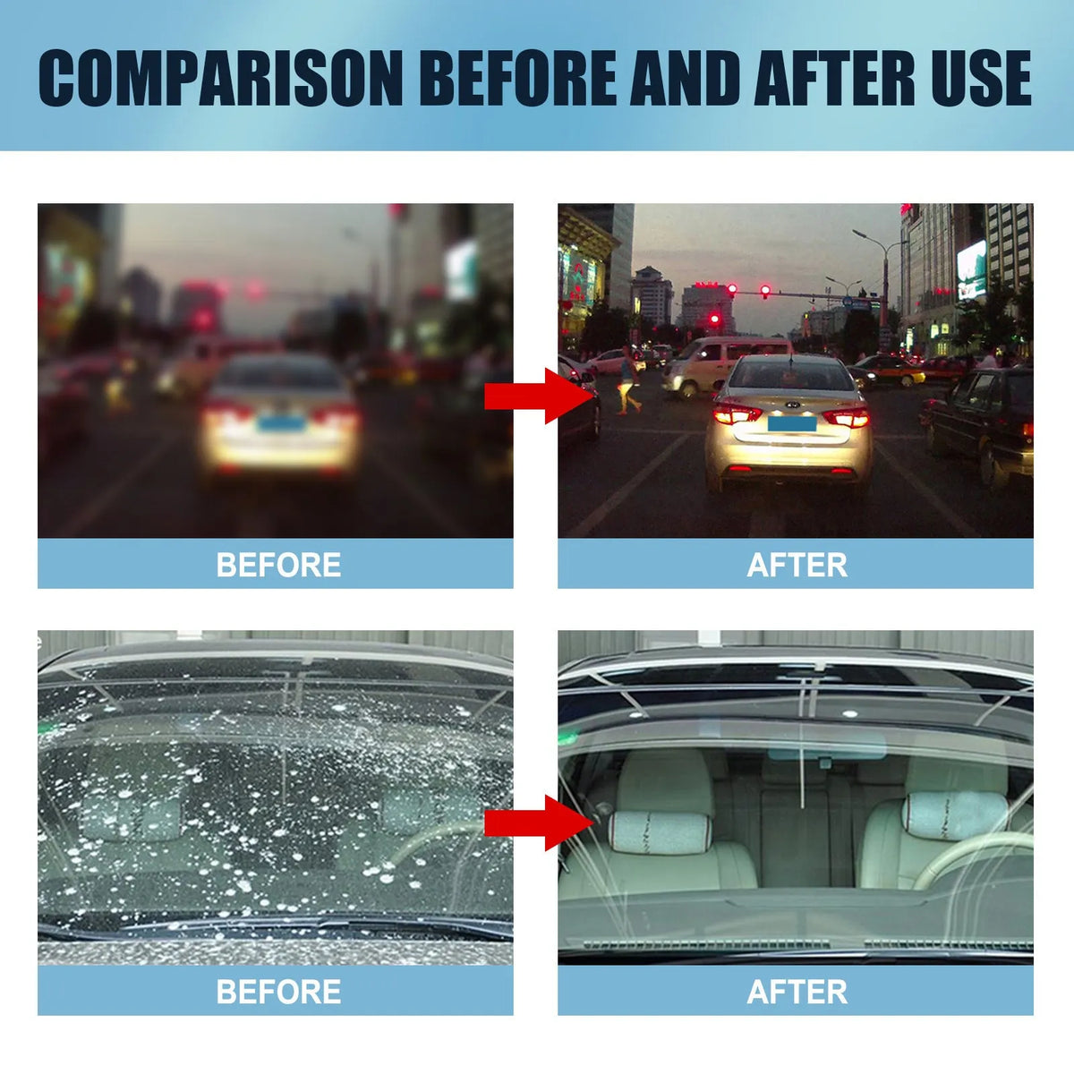 Blue car window oil film remover bottle with soft sponge applicator for glass cleaning