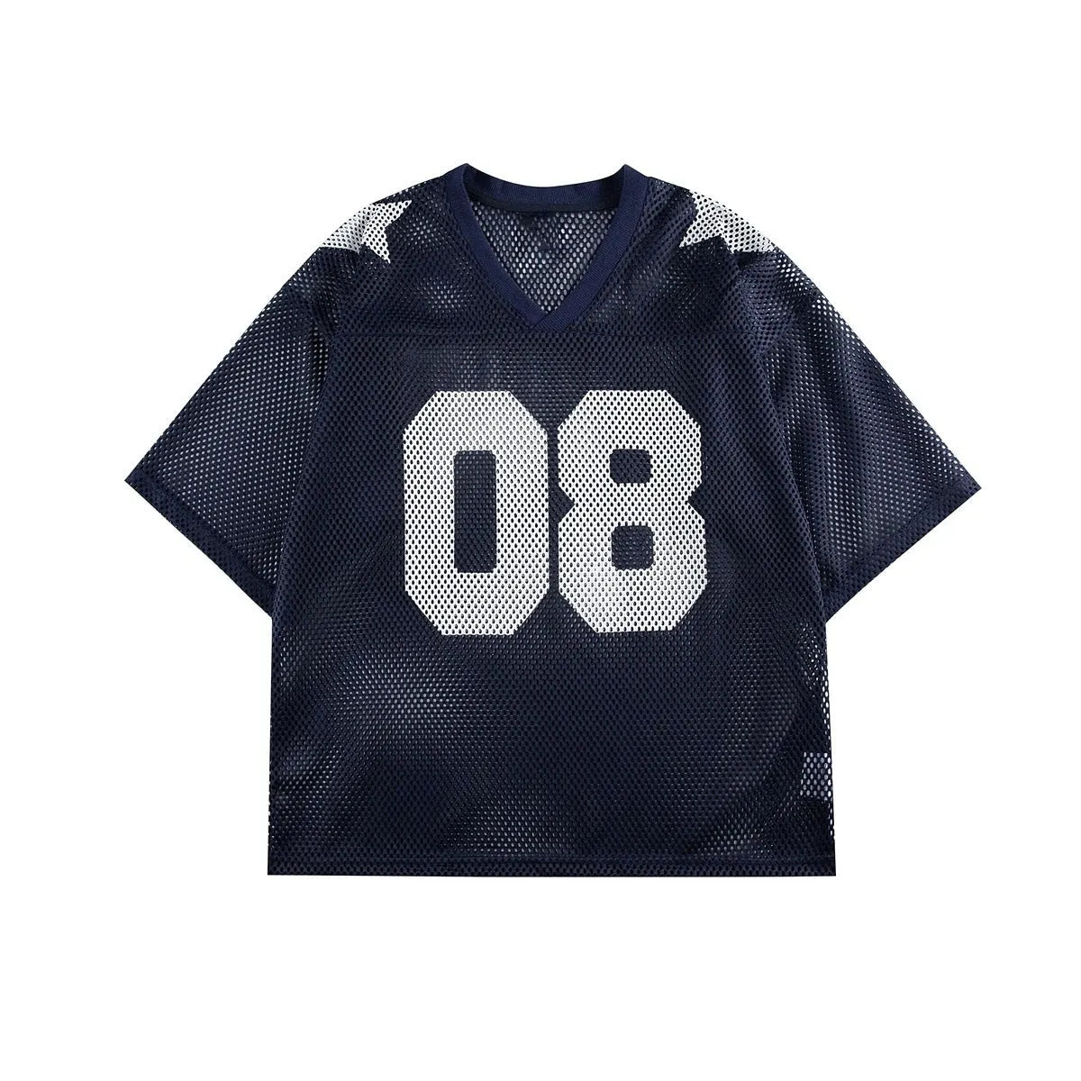 Black polyester pullover shirt with letter pattern design and short sleeves on a hanger
