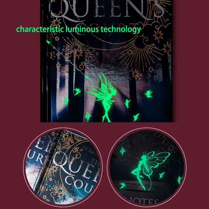 Blue and purple A5 luminous hardcover notebooks open to show full-colour illustrated pages.