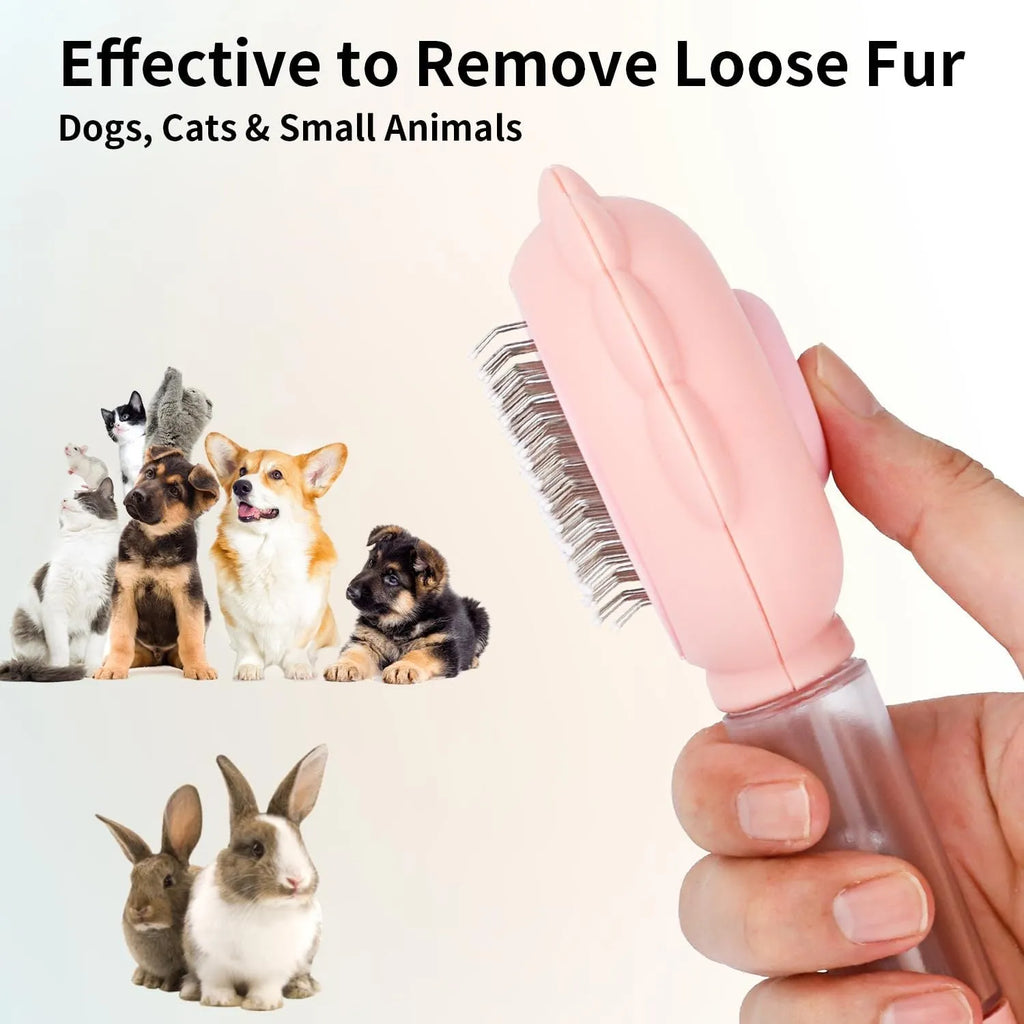 Grey spray cat grooming brush with a release button and stainless steel bristles on a wooden table.